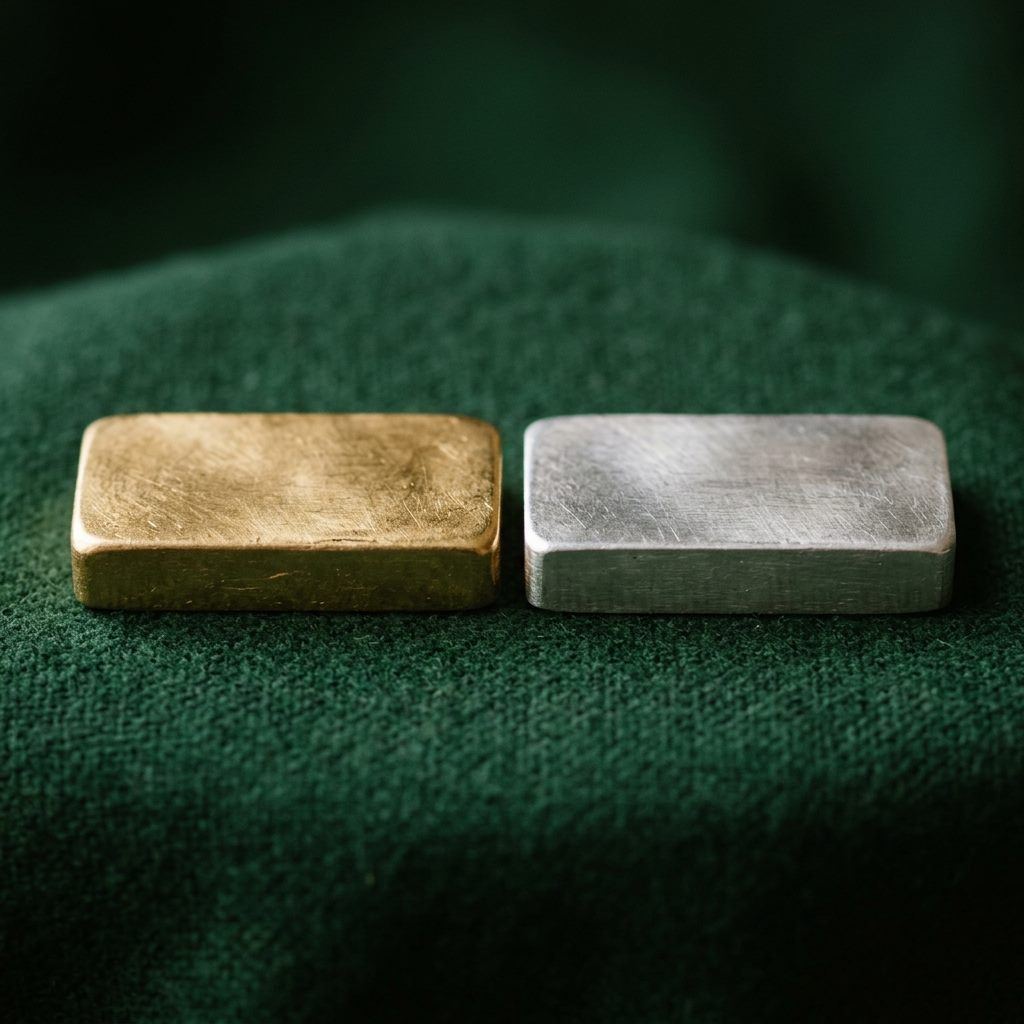 A gold bar and a silver bar resting side by side on dark green cloth.