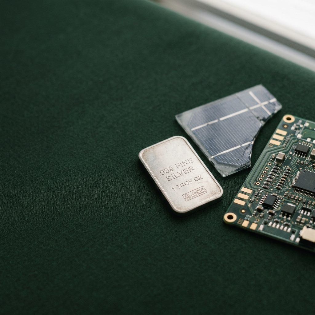 A .999 fine silver bar beside a solar cell and circuit board on dark green.