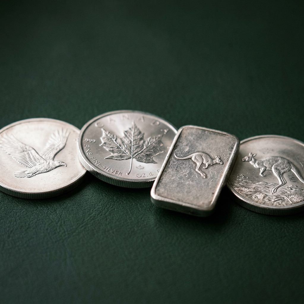 Four .999 fine silver bullion items — eagle coin, maple leaf, kangaroo coin, and a silver bar — on a dark green surface.