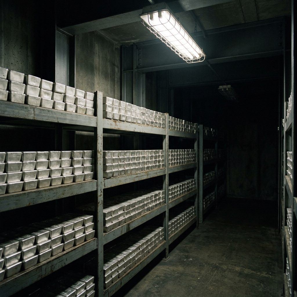 Neat rows of silver bars on industrial steel vault shelving under a single overhead light.
