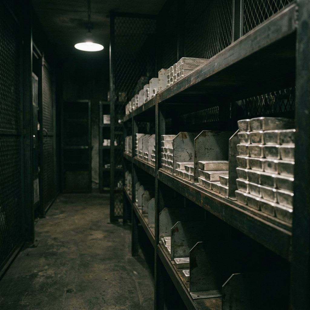 Dimly lit vault shelves of silver bars, some shelves partly emptied.