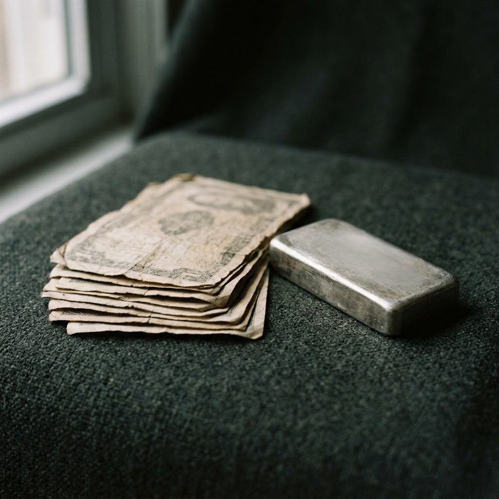 A solid silver bar beside worn old banknotes on a dark green surface.