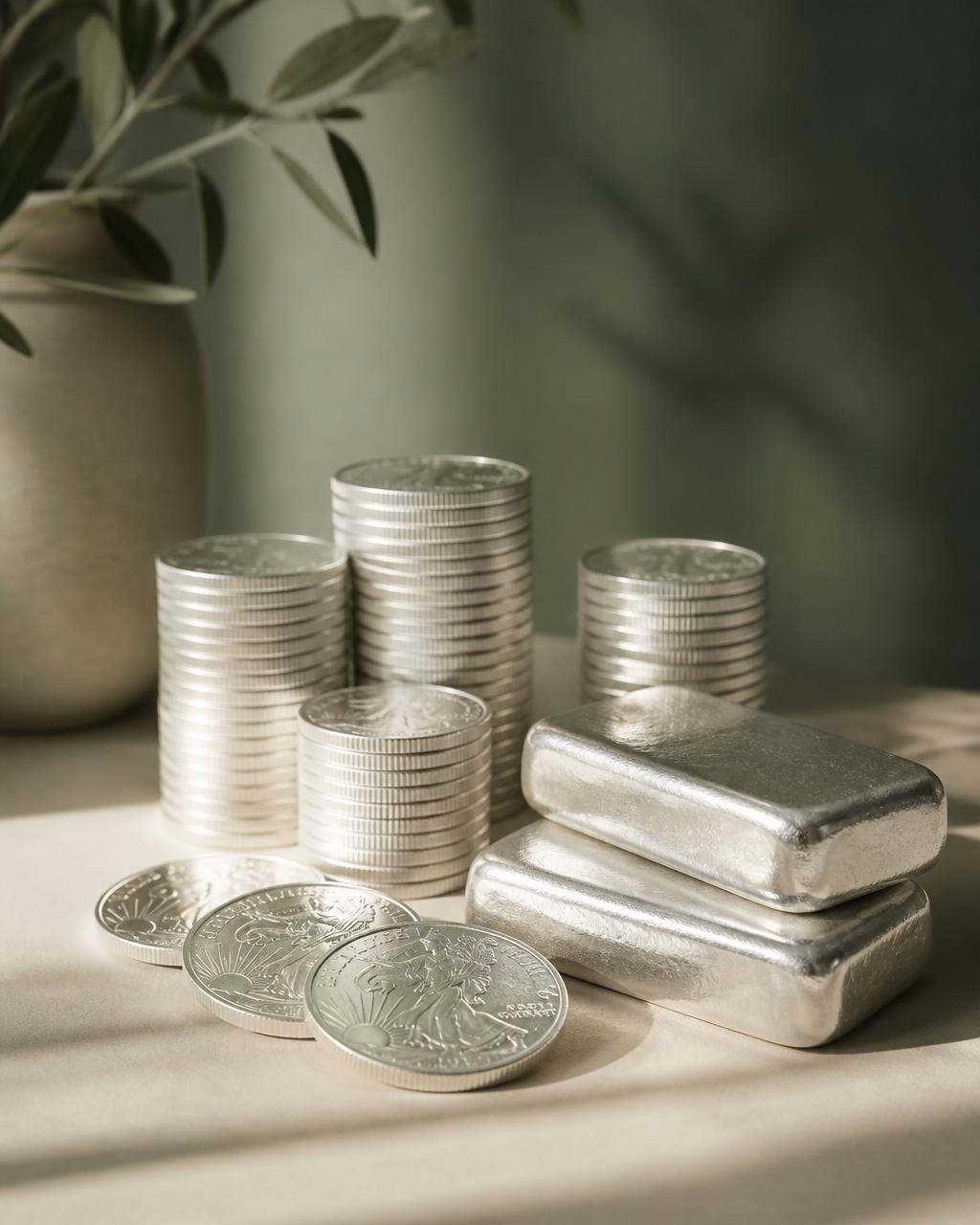 Stacked American Silver Eagle coins and poured silver bars on a warm neutral surface